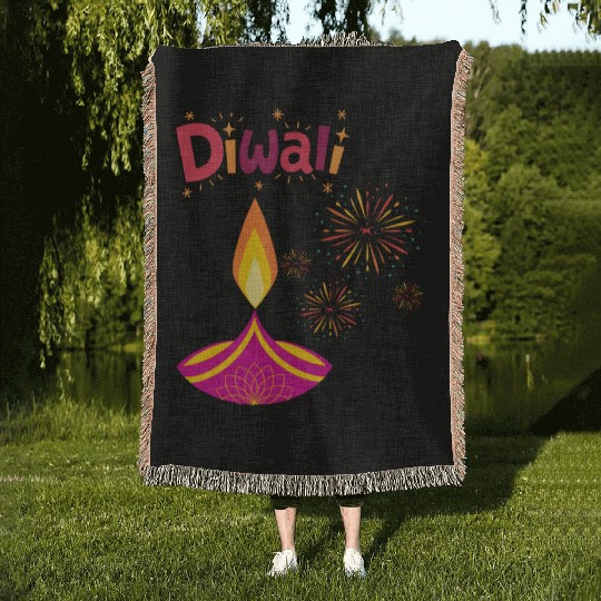 Diwali Design with Lamp & Festive Fireworks Woven Blankets