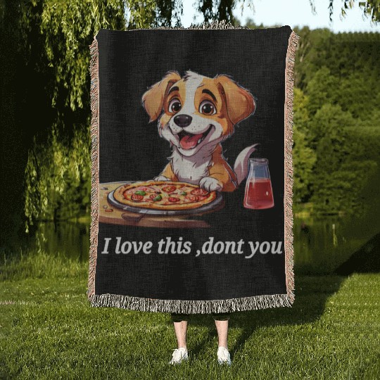 doggy with pizza Woven Blankets