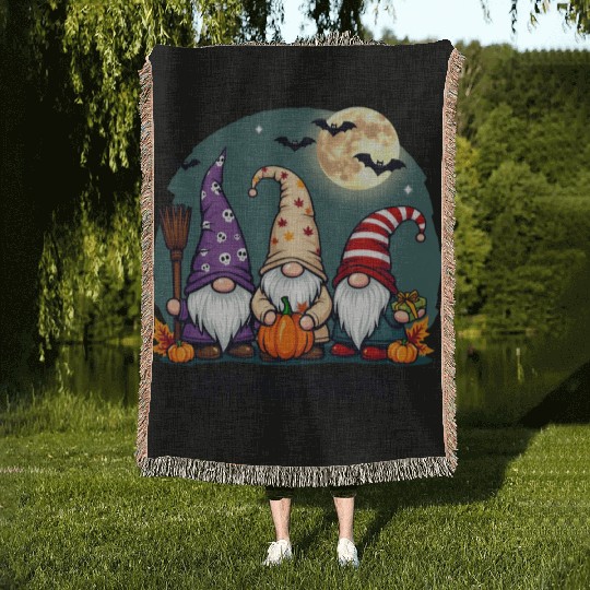 Happy Hallothanksmas Gnomes Celebration with Bats Woven Blankets