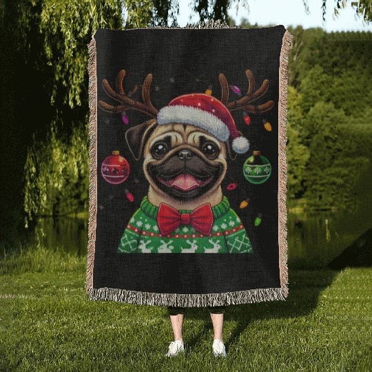 Cute Dog Wearing Santa Hat with Joyful Christmas Woven Blankets