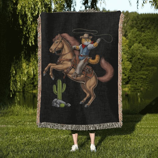 Cat Cowboy Riding Rodeo Horse Woven Blankets