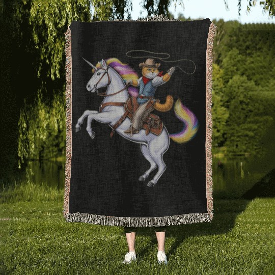 Cat Cowboy Riding Rodeo Unicorn Woven Blankets
