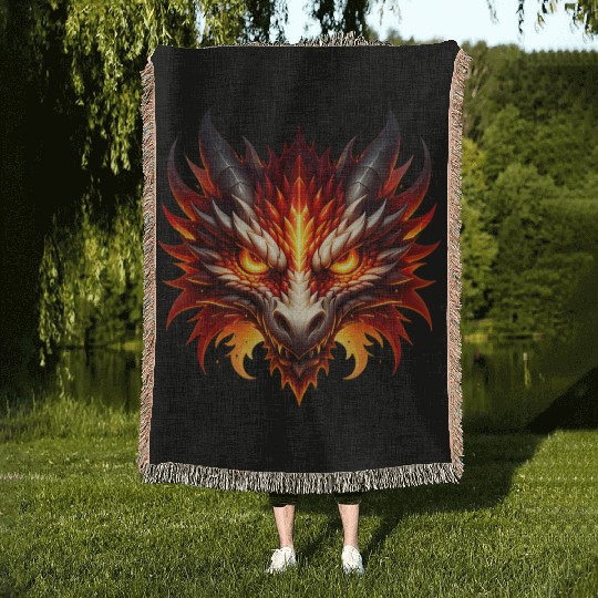 Fiery Dragon Head with Glowing Eyes Illustration Woven Blankets