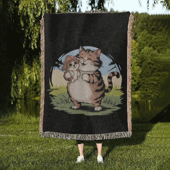 Fat Whimsical Cat and Puppy "My Friend" Art Woven Blankets
