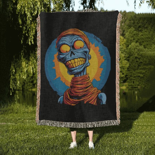 Blue and Funny Cartoon Skeleton Skull Mummy Woven Blankets
