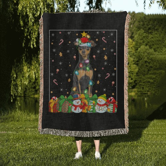 Miniature Pinscher Dog Christmas Lights Woven Blankets