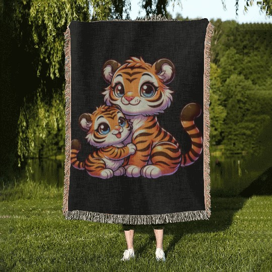 Adorable Tiger Mom and Cub Hugging Illustration Woven Blankets