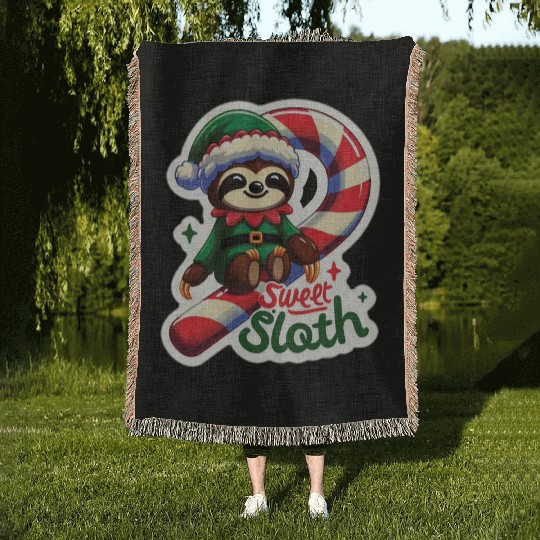Adorable sloth dressed as an elf Woven Blankets