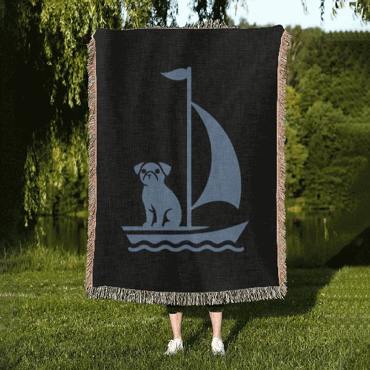 Pug in Boat Silhouette Sailing Minimalist Woven Blankets