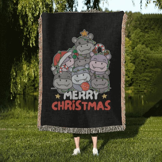 Hippo Christmas Tree Merry Christmas Woven Blankets