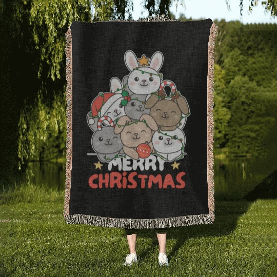 Bunny Christmas Tree Merry Christmas Woven Blankets