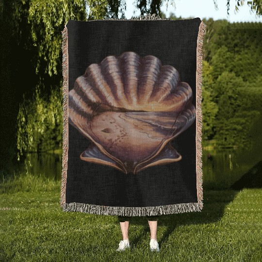 Seashell Beach Scene Serene Ocean Landscape Woven Blankets