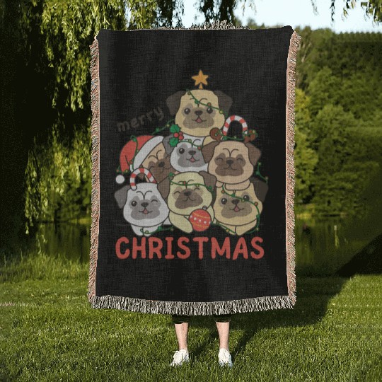 Pug Christmas Tree Merry Christmas Woven Blankets