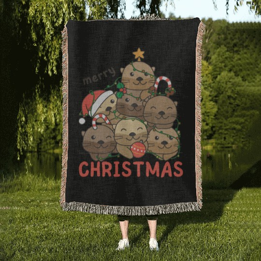 Otter Christmas Tree Merry Christmas Woven Blankets