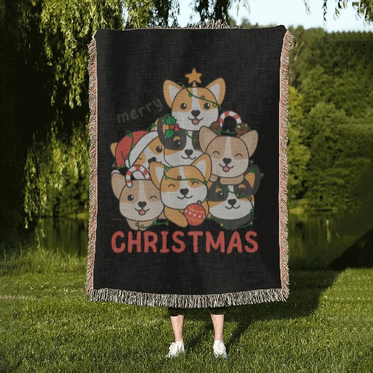 Corgi Christmas Tree Merry Christmas Woven Blankets