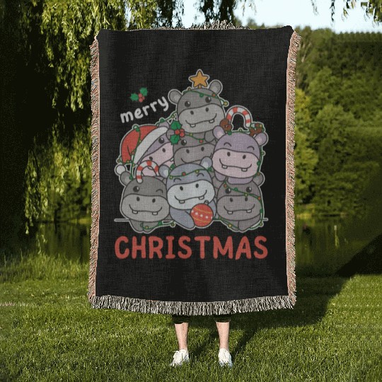 Hippo Christmas Tree Merry Christmas Woven Blankets