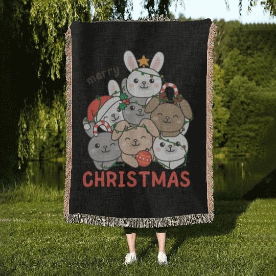 Bunny Christmas Tree Merry Christmas Woven Blankets