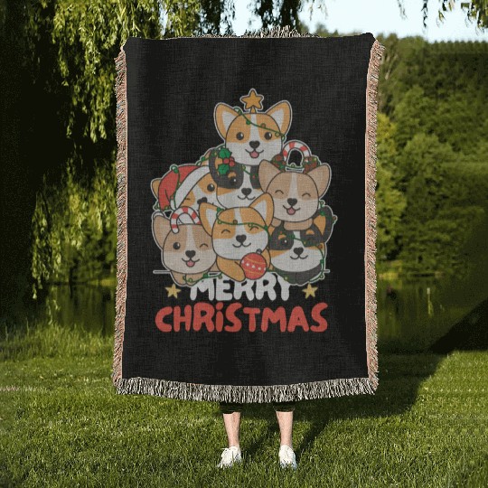 Corgi Christmas Tree Merry Christmas Woven Blankets