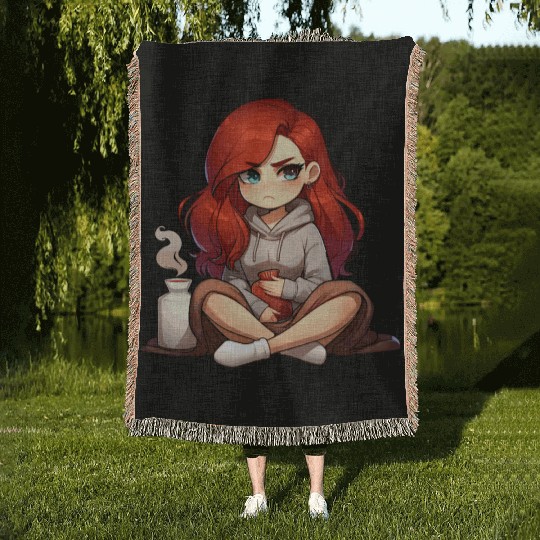 Cozy Anime Girl with Red Hair Relaxing Woven Blankets