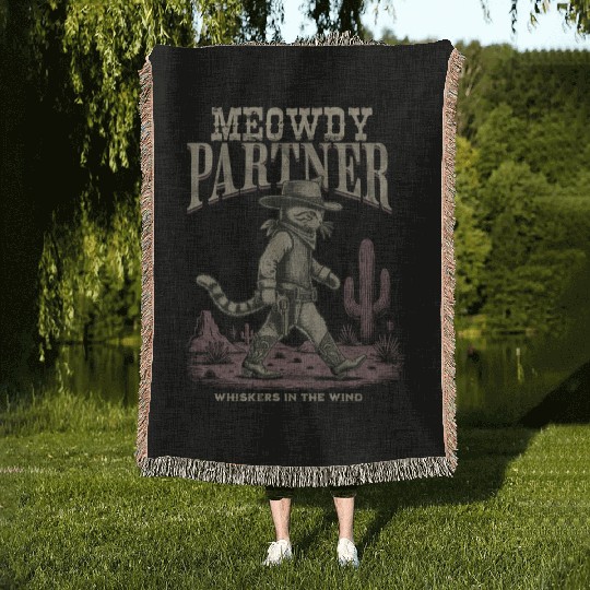 Meowdy Partner Whiskers In The Wind Cowboy Cat Woven Blankets