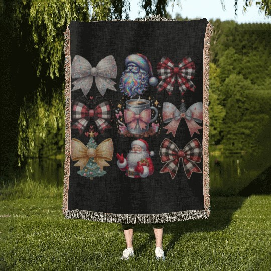 Coquette Bow Santa Christmas Tree Cake Candy Woven Blankets