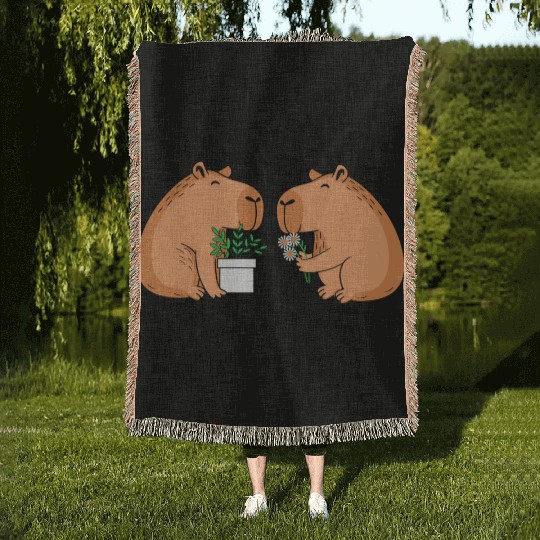 Cute Gardening Garden Capybara Flower Woven Blankets