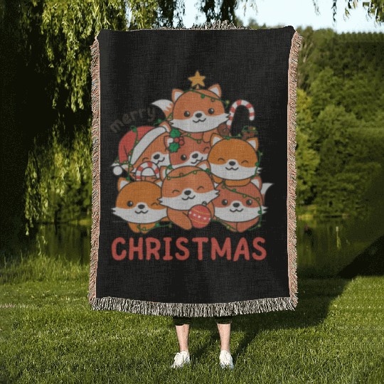 Fox Christmas Tree Merry Christmas Woven Blankets