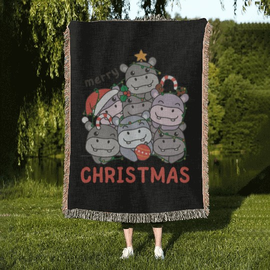 Hippo Christmas Tree Merry Christmas Woven Blankets