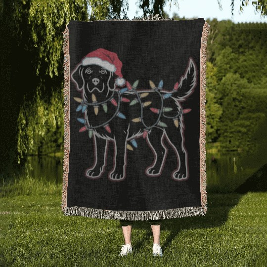 Labrador Retriever Christmas Lights Funny Dog Sant Woven Blankets