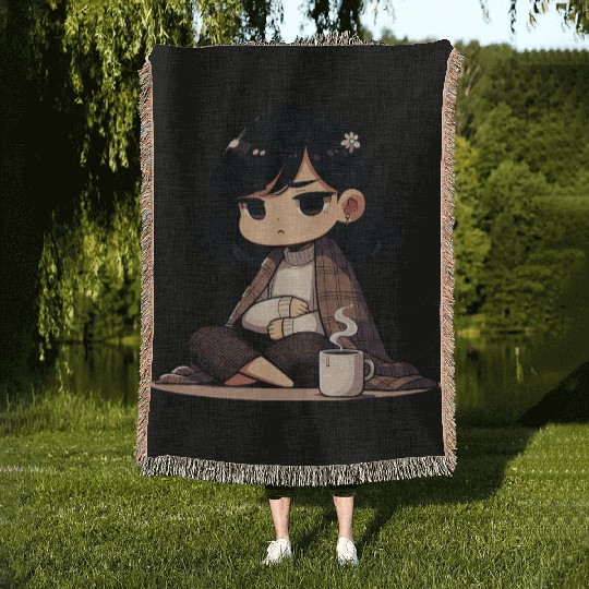 Cozy Anime Character with Coffee Woven Blankets
