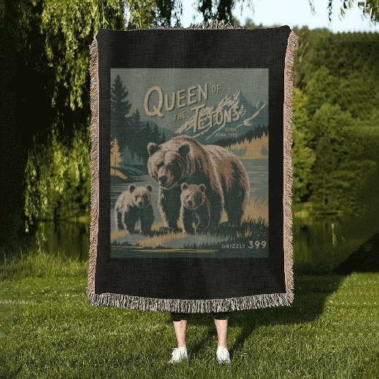 Queen of the Tetons Grizzly 399 Vintage Nature Art Woven Blankets