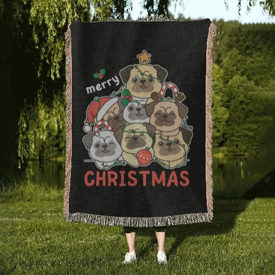 Pug Christmas Tree Merry Christmas Woven Blankets