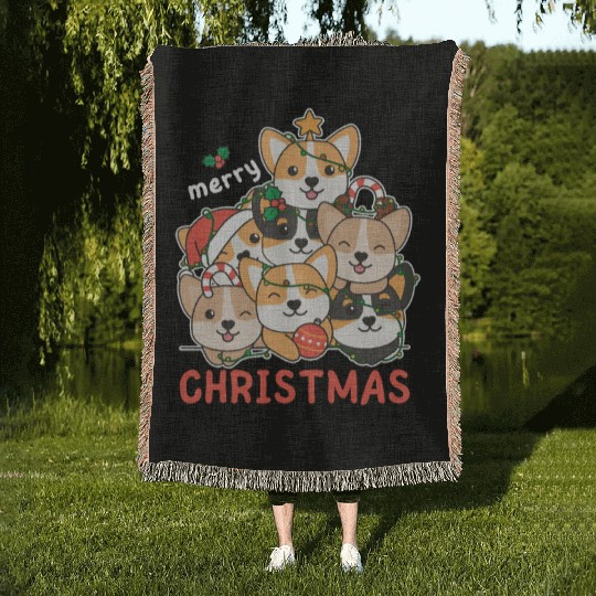 Corgi Christmas Tree Merry Christmas Woven Blankets