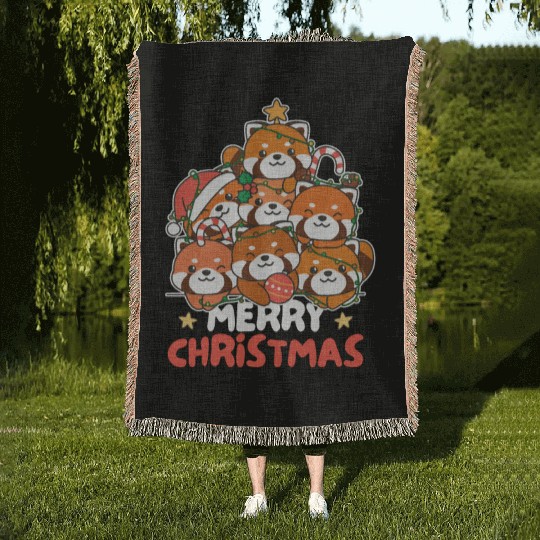 Red Panda Christmas Tree Merry Christmas Woven Blankets