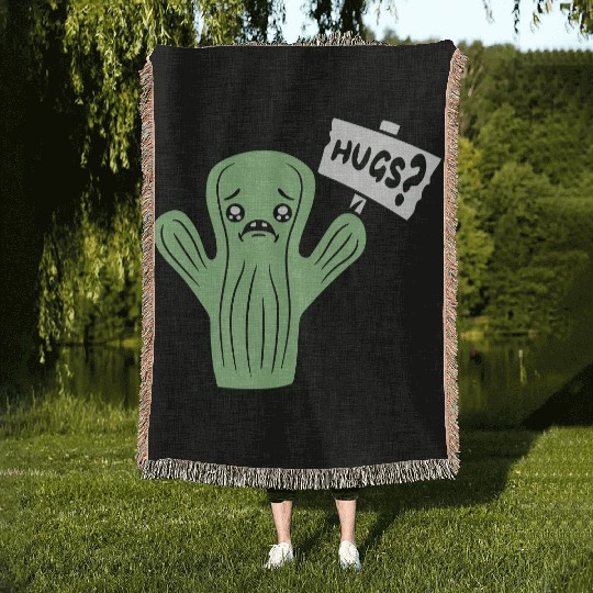 Funny Cactus Sad Face Hugs Sign Lonely Cry Comic Woven Blankets