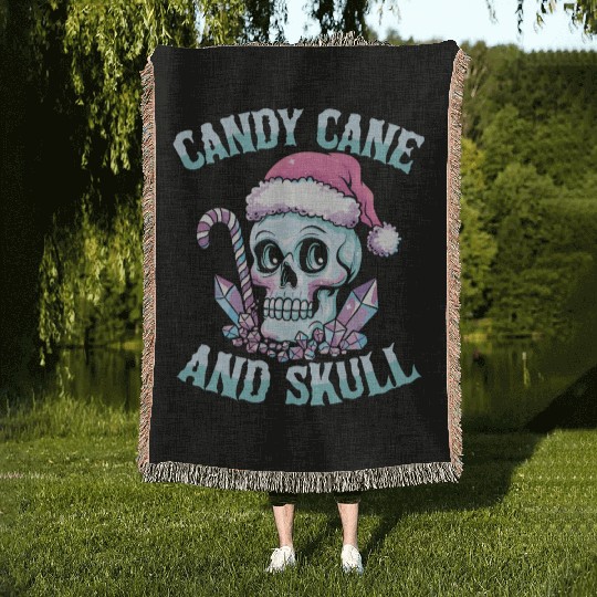 Candy Cane And Skull Pastel Goth Christmas Skull Woven Blankets