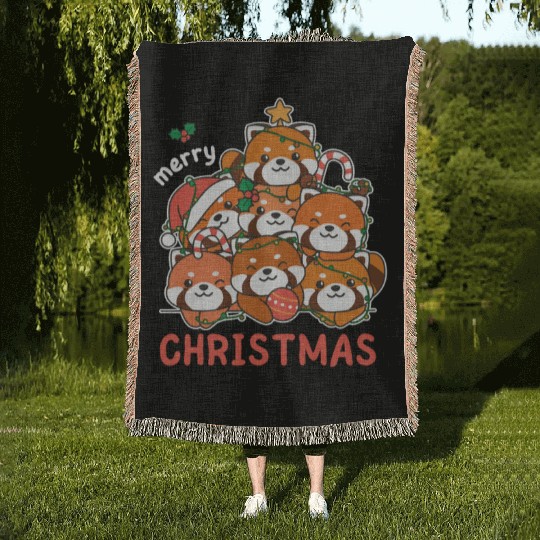 Red Panda Christmas Tree Merry Christmas Woven Blankets