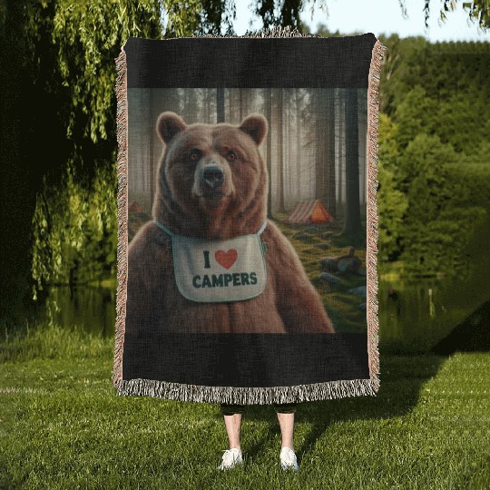I love campers Grizzly bear with bib Woven Blankets