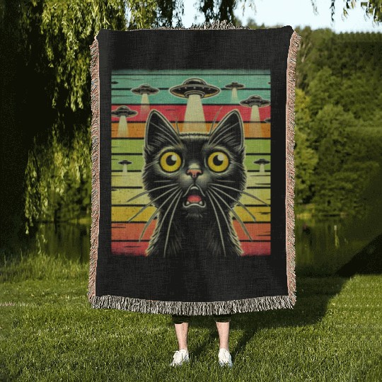 Fun Cat sunset Galaxy Cat Spaceship Alien Cat UFOs Woven Blankets
