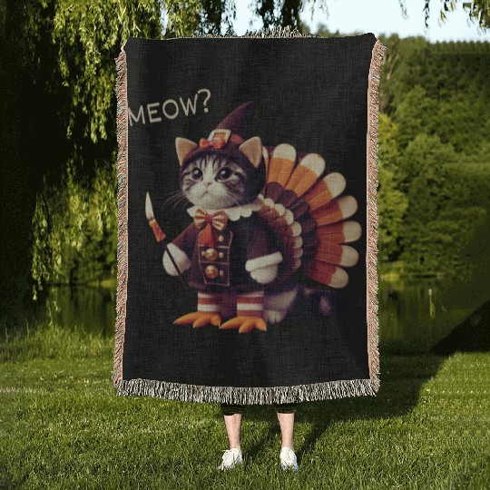 Thanksgiving Cat Fake Cat Meow Woven Blankets