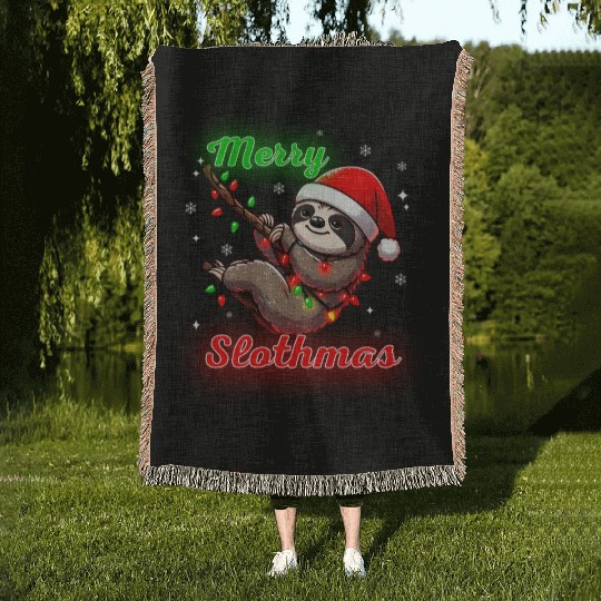 Merry Slothmas Sloth In Santa Hat Christmas Woven Blankets
