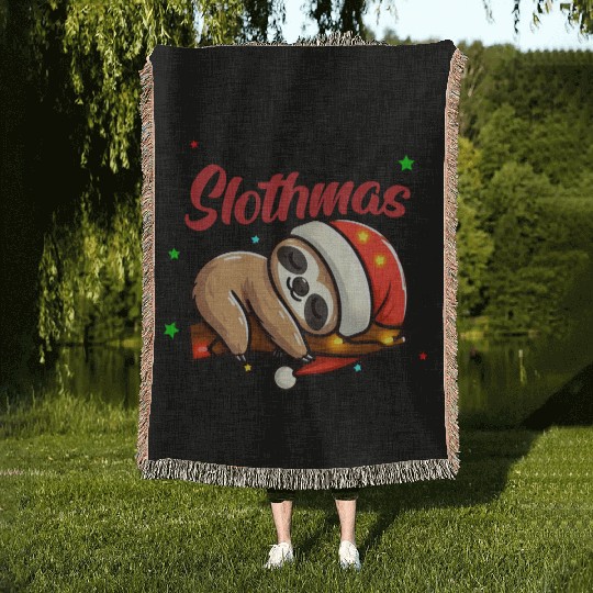 Merry Slothmas Sloth In Santa Hat Christmas Woven Blankets