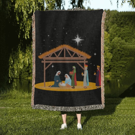 Christmas Holiday Manger Nativity Scene Woven Blankets