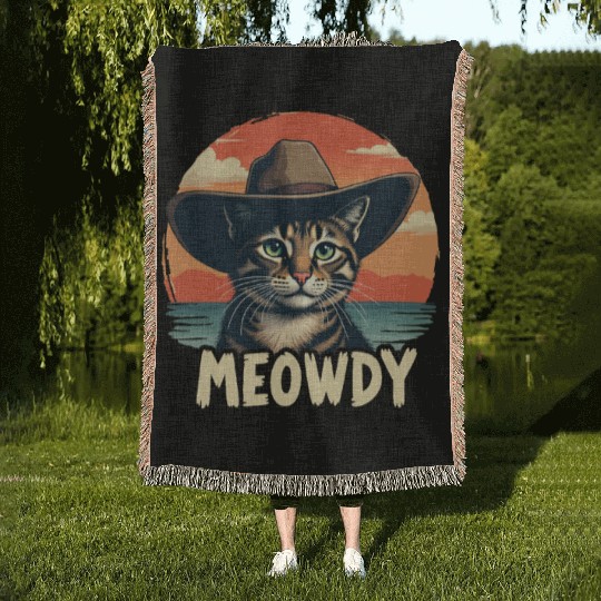 Meowdy Cowboy Cat Funny Howdy Meowdy Cowboy Cat Woven Blankets