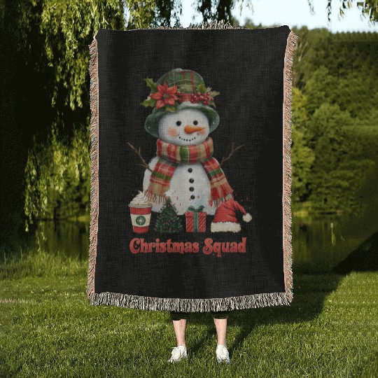 Snowman Christmas Family Gathering Woven Blankets