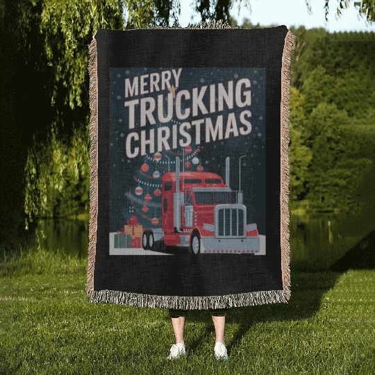 Merry Trucking Christmas Festive Holiday celebrate Woven Blankets