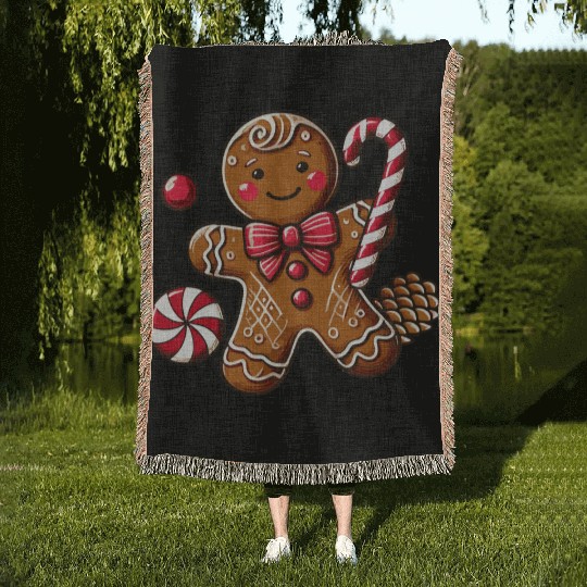 Happy gingerbread man with candy cane Woven Blankets