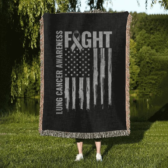 Lung Cancer Awareness White Ribbon Fight USA Flag Woven Blankets
