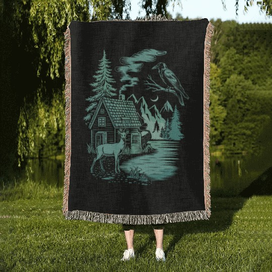 Dark Cottagecore Forest Scene with Cabin, Deer, Woven Blankets