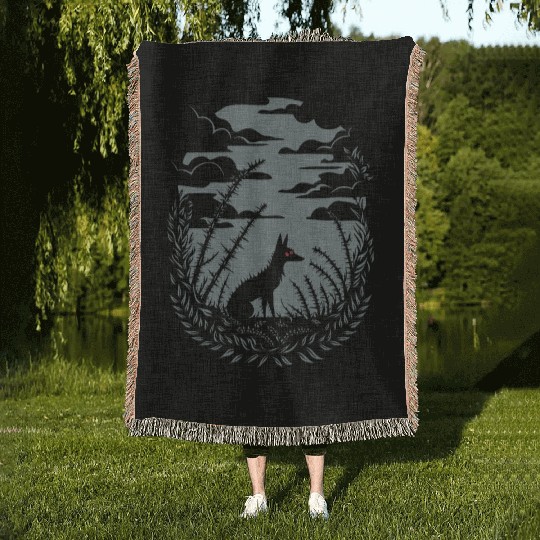 Dark Cottagecore Nighttime Wilderness with Wolf Woven Blankets